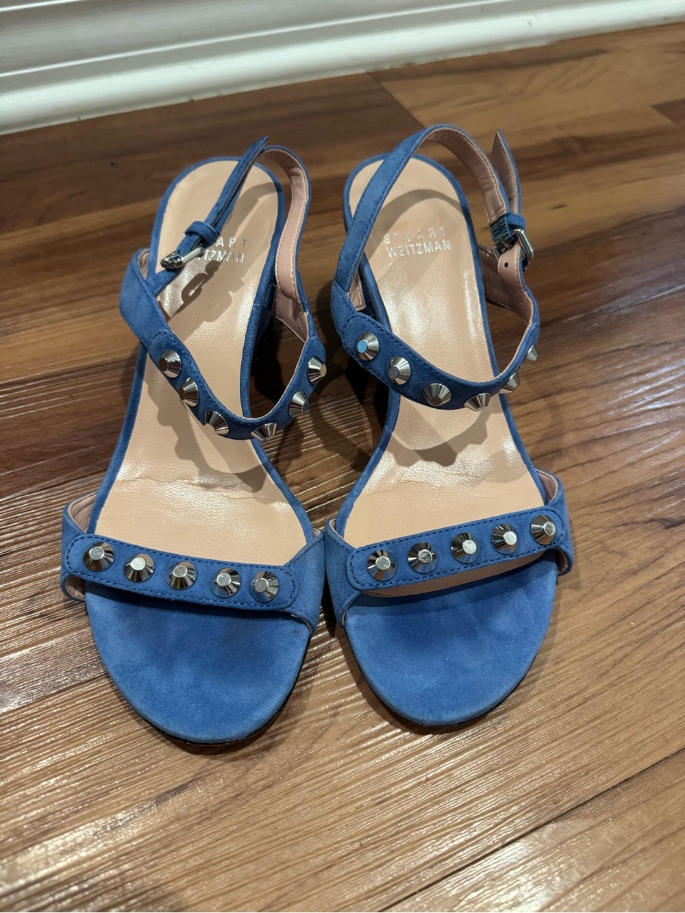 Stuart Weitzman Blue Suede Studded Slingback Sandals